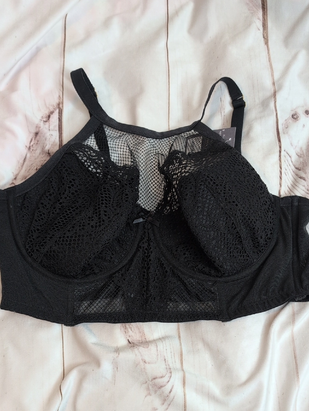 Cacique Black New Fishnet High-Neck Sexy French Balconette Bra size 44DD or 44E